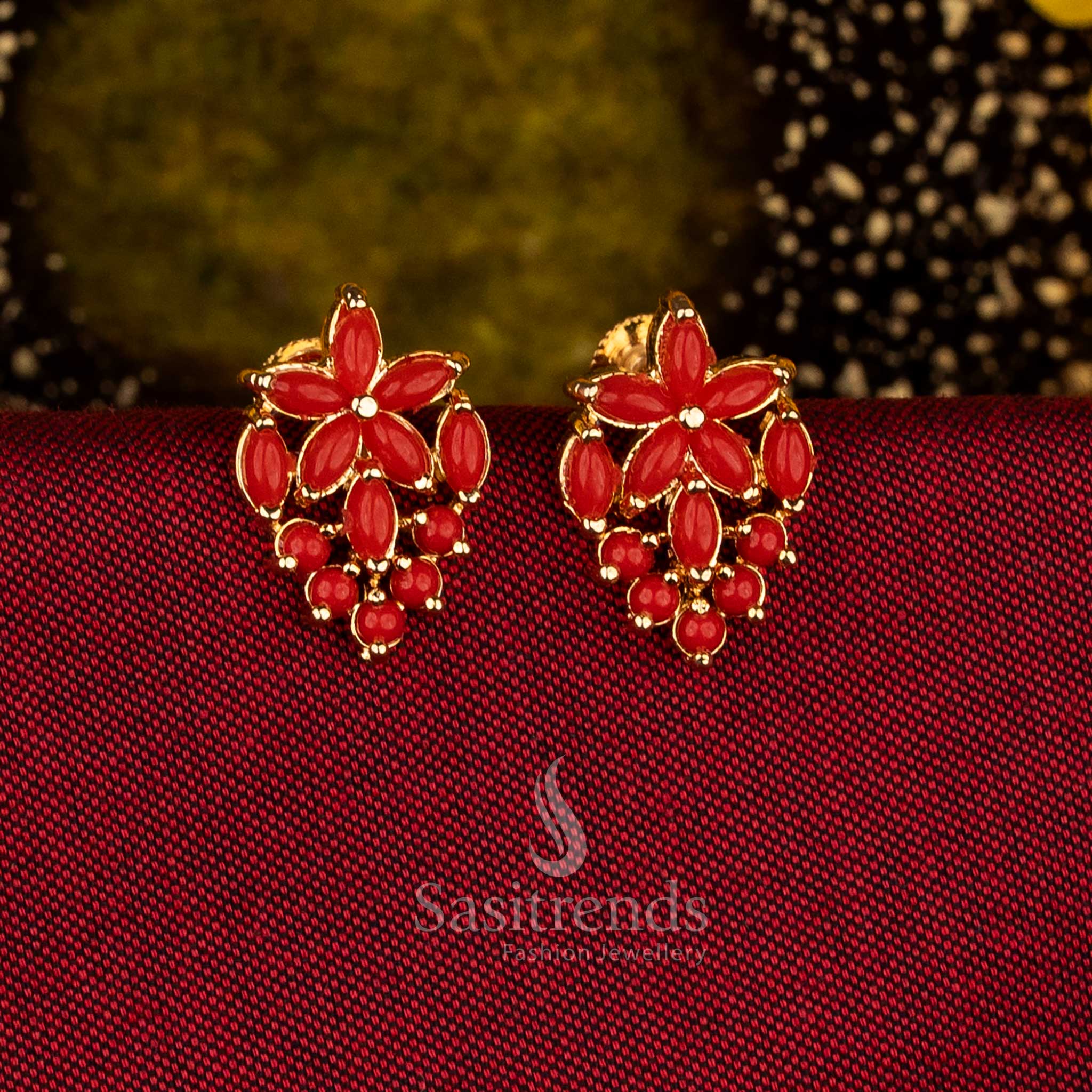 Sasitrends Guaranteed One Gram Micro Gold Plated Floral Drop Motif Pavalam Stud Earrings
