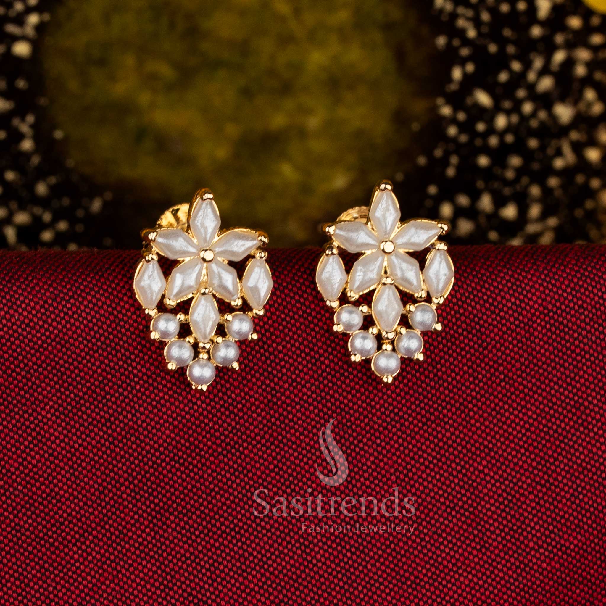 Sasitrends Traditional One Gram Micro Gold Plated Floral Drop Motif Pearl Stud Earrings