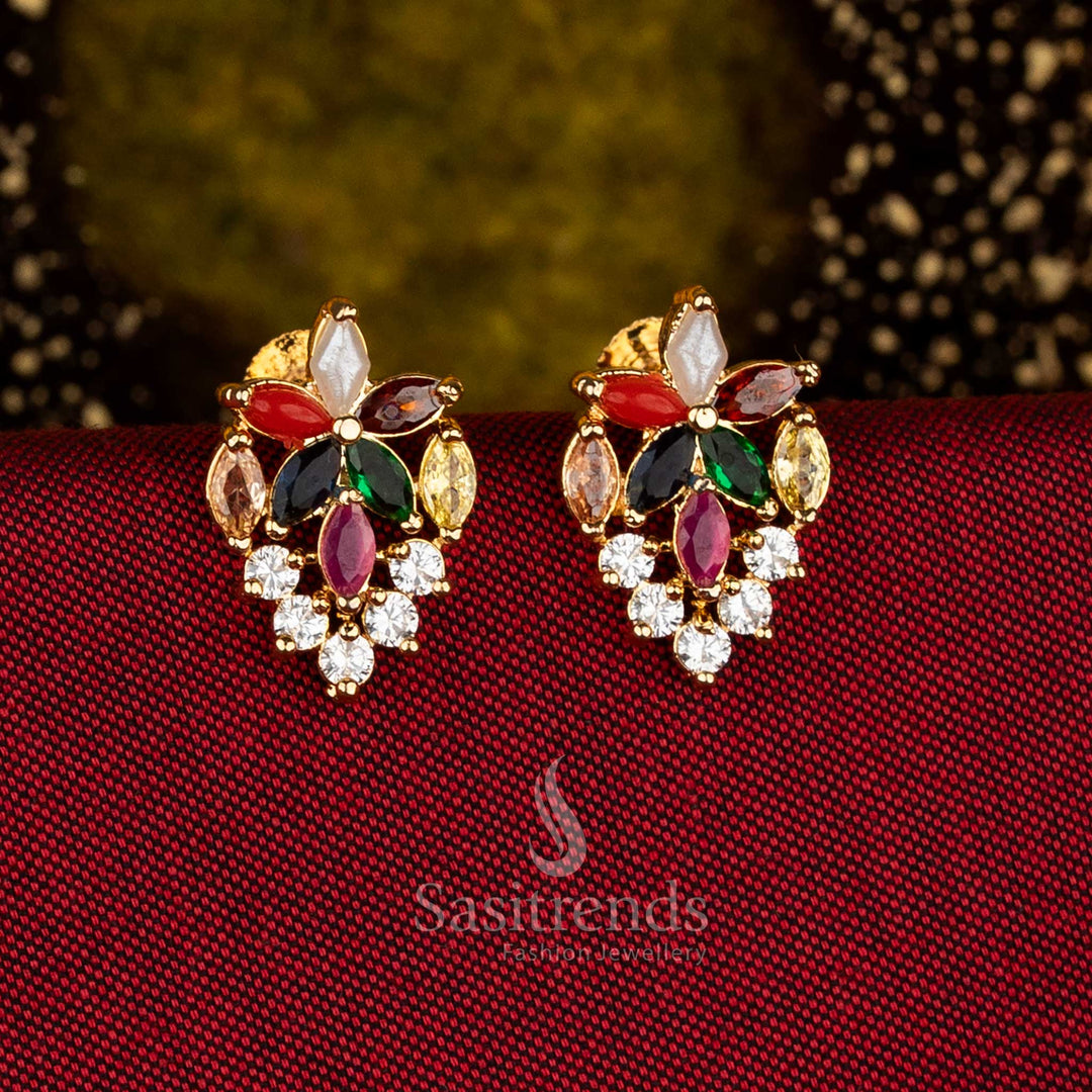 Sasitrends Guaranteed One Gram Micro Gold Plated Floral Drop Motif Navarathna Stud Earrings