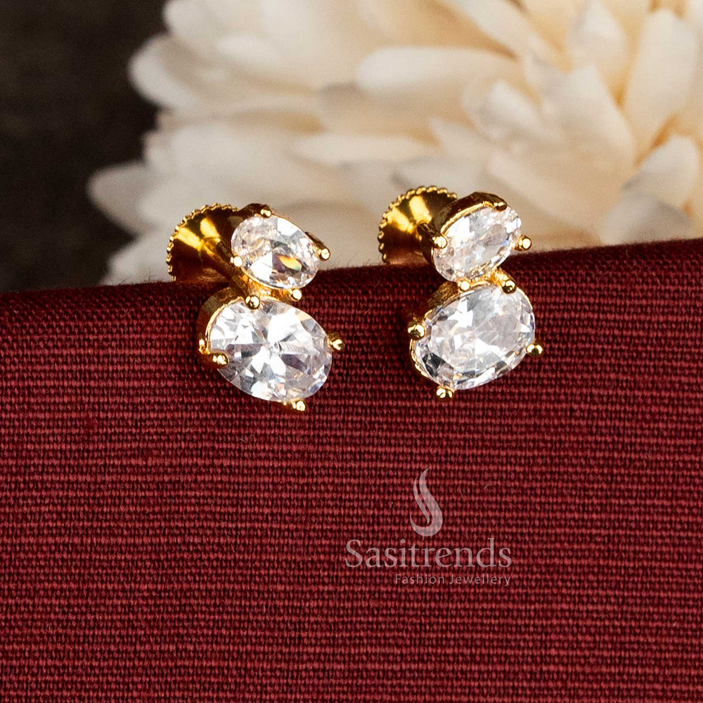 Oval cabochon AD stone micro gold plated stud earrings with pearl and pavalam accents