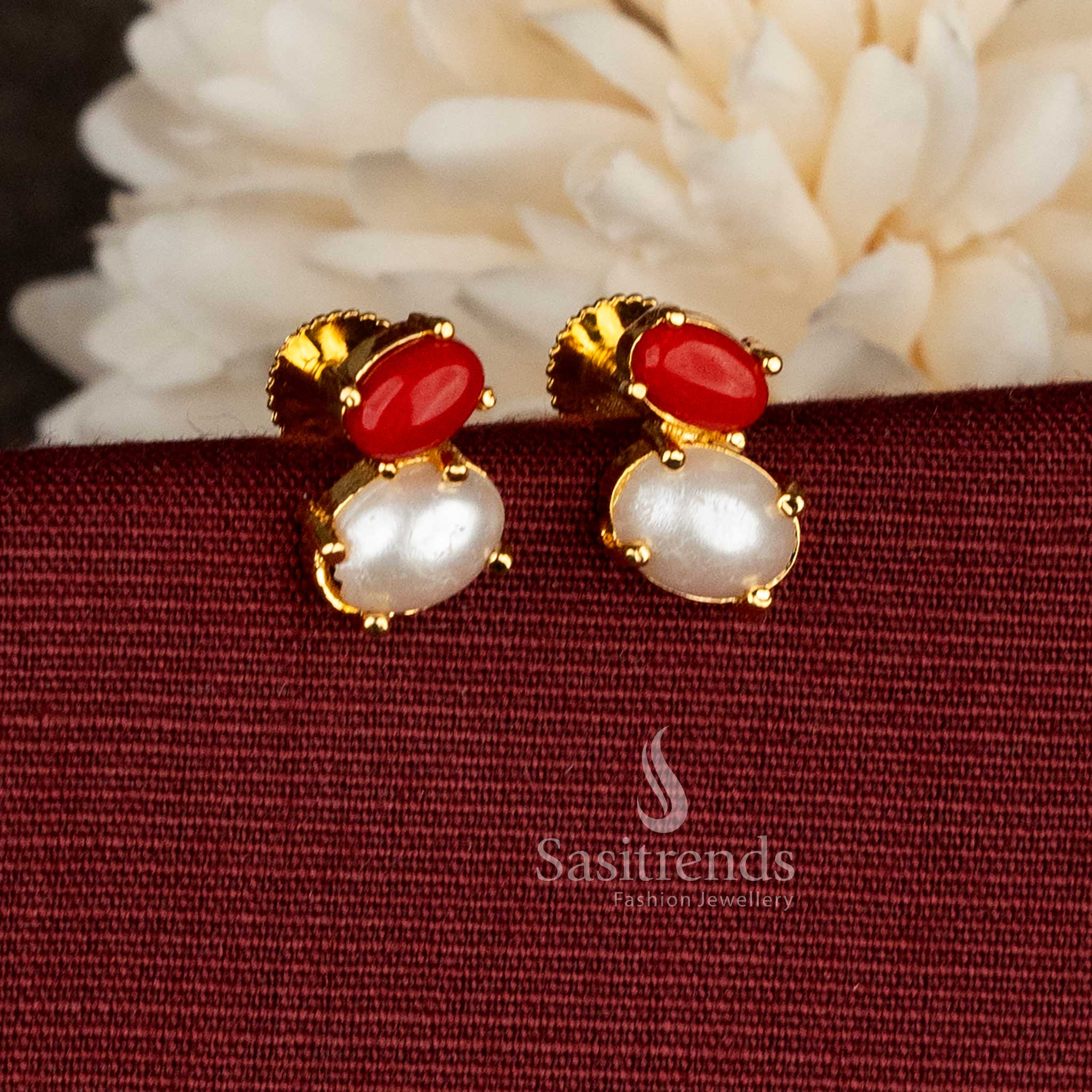 South Indian heritage micro gold plated oval AD pearl pavalam stud earrings