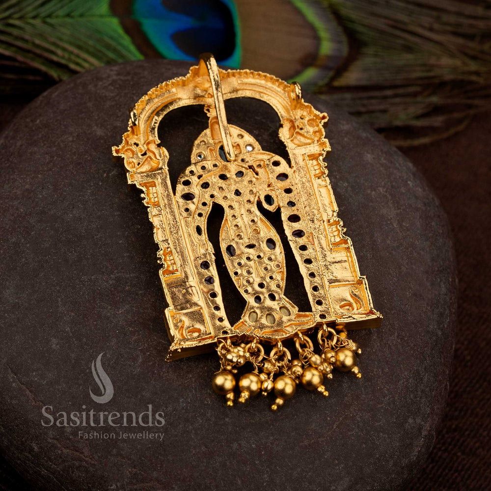 Premium devotional temple pendant featuring Lord Venkatachalapathi motif with ruby emerald stone detailing and hanging bead drops by Sasitrends