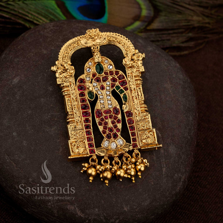 Premium Temple Matte Gold Plated Lord Tirupati Venkatachalapathi Arch Pendant with AD Stones & Hanging Beads