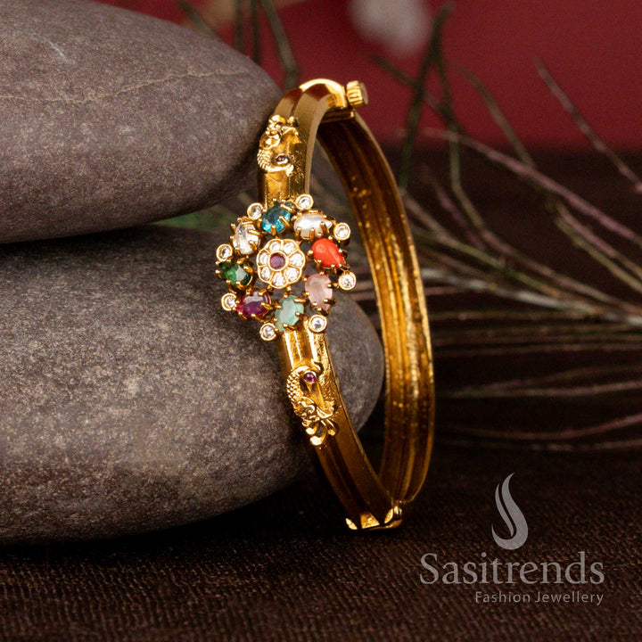Royal Peacock Bloom Temple Matte Gold Plated Openable Screw Type Kada Bracelet with Multicolor Stone Floral Design for Women - Sasitrends