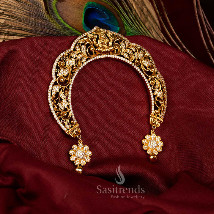 Majestic Traditional Temple Matte Gold Plated AD Bridal Arch Jadai Billai with Peacock and Lakshmi Heritage Designs