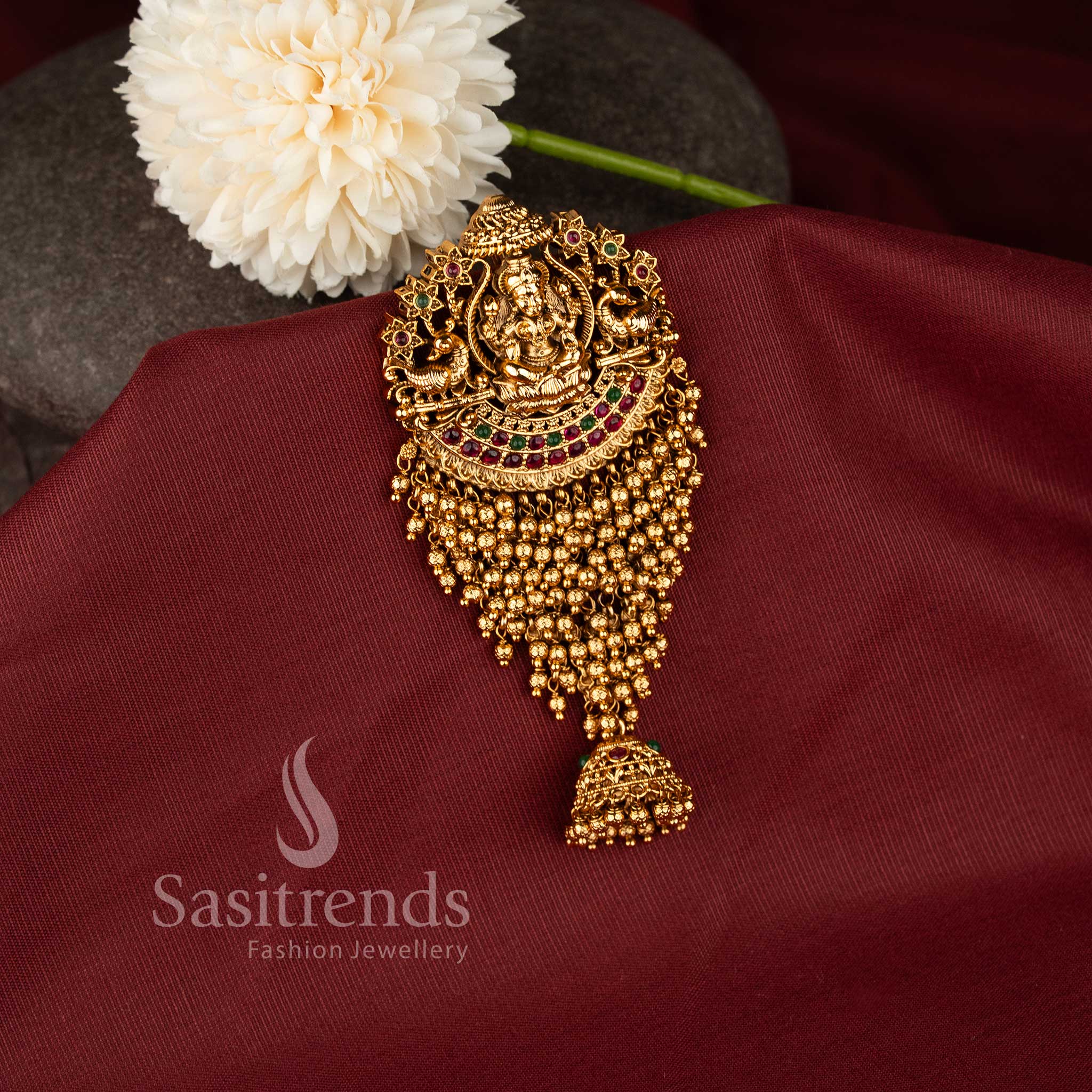 Traditional Temple Matte Gold Plated AD Bridal Jadai Billai with Lakshmi and Dual Elephant Motifs – Sasitrends