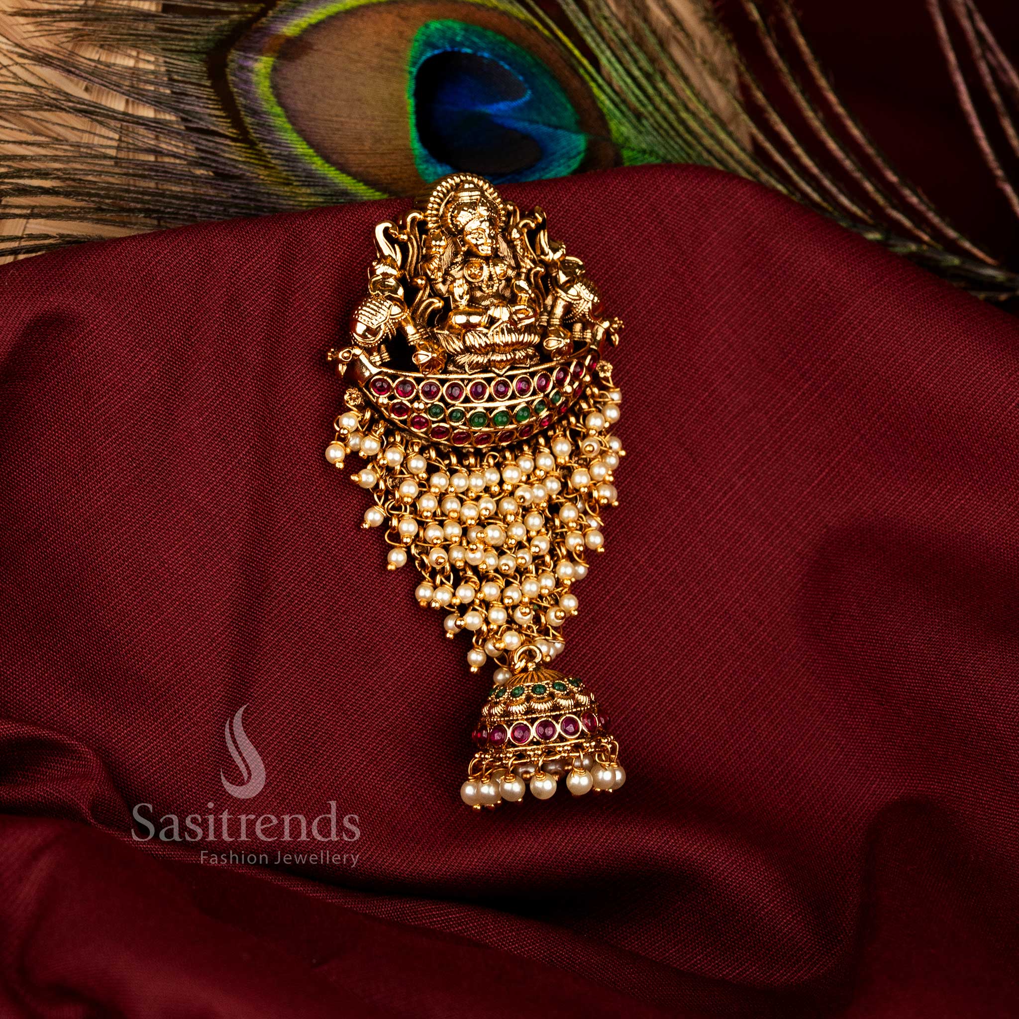 Traditional Temple Matte Gold Plated AD Bridal Jadai Billai with Lakshmi and Dual Elephant Motifs – Sasitrends
