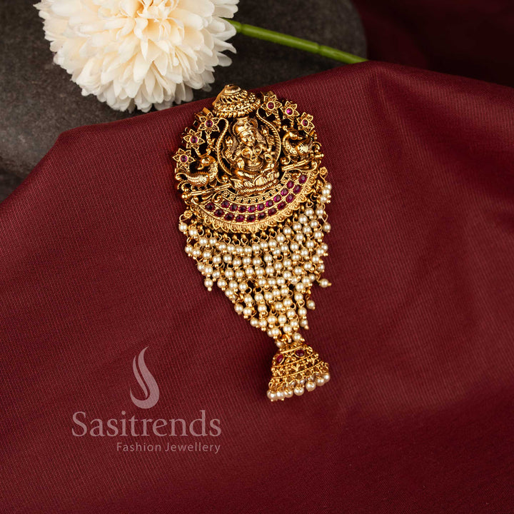 Traditional Temple Matte Gold Plated AD Bridal Jadai Billai with Lakshmi and Dual Elephant Motifs – Sasitrends