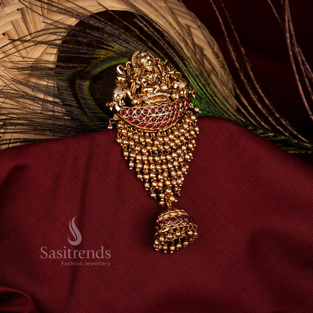 Traditional Temple Matte Gold Plated AD Bridal Jadai Billai with Lakshmi and Dual Elephant Motifs – Sasitrends