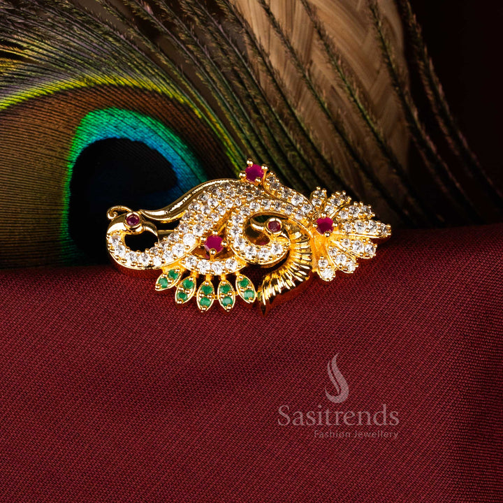 Exquisite American Diamond Floral Peacock Saree Pin in Micro Gold and Mahendi Finish for Weddings and Festive Wear