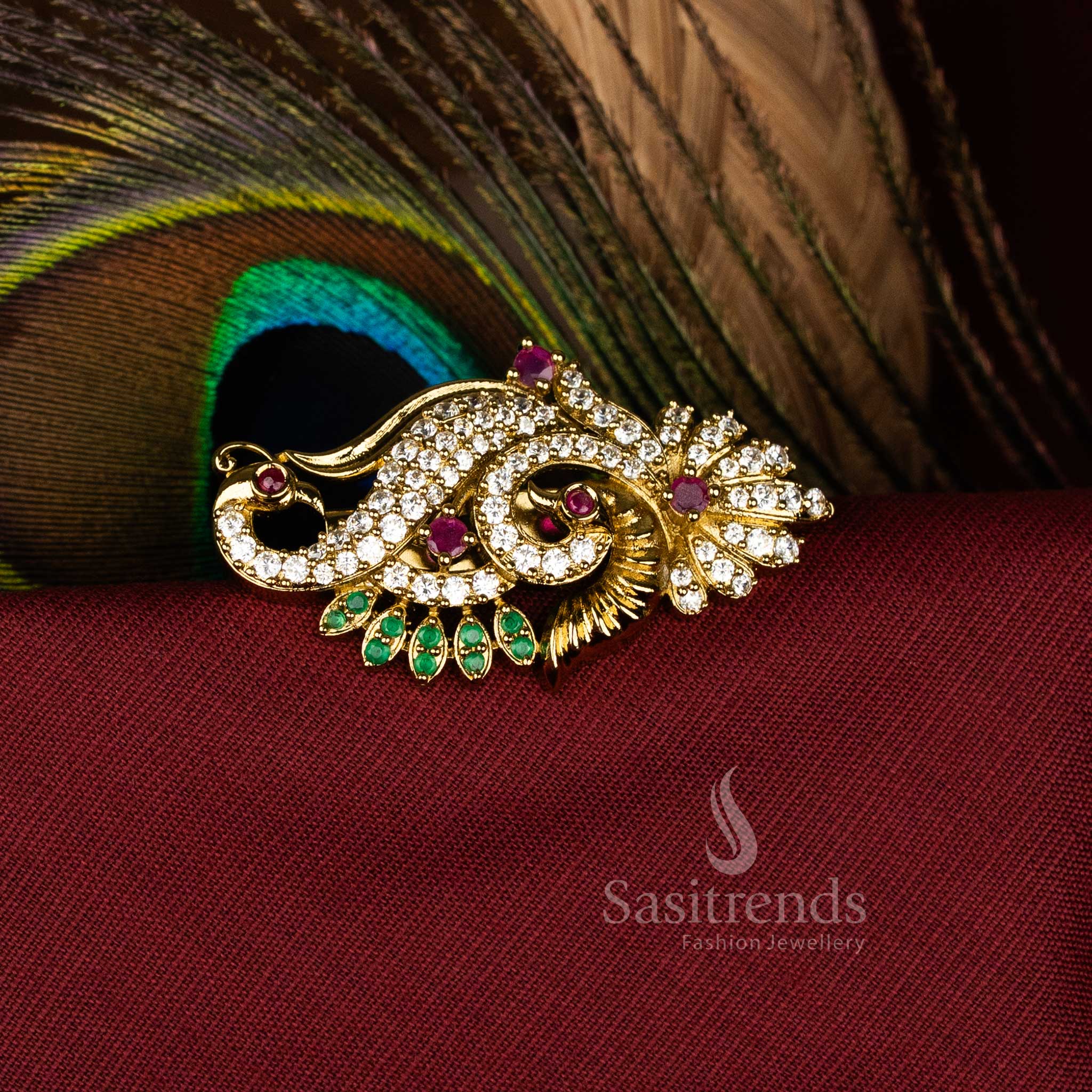 Traditional Bridal Saree Pin with Peacock and Floral Motifs for Festive Occasions, Temple Functions, and Wedding Wear – Sasitrends
