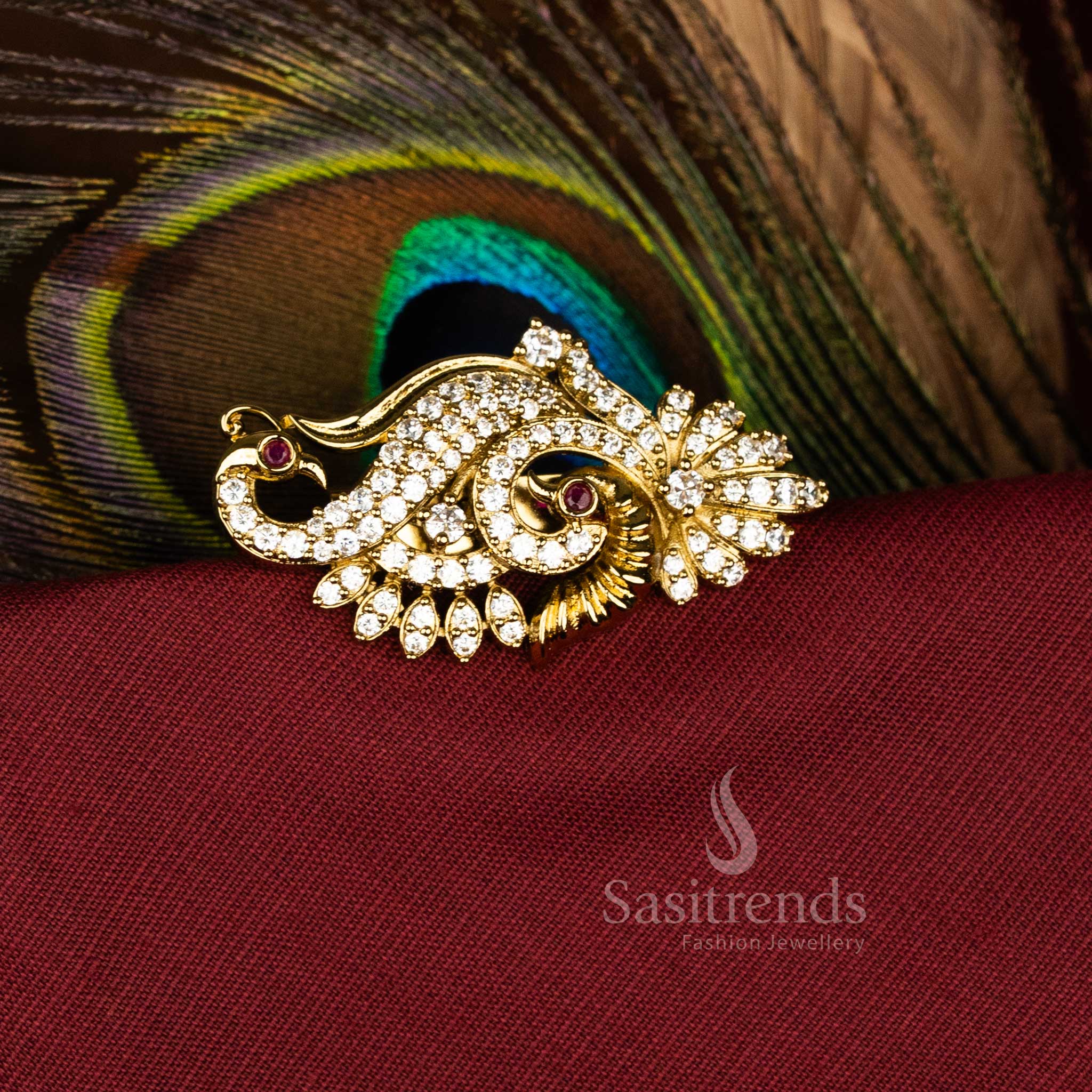 Exquisite American Diamond Floral Peacock Saree Pin in Micro Gold and Mahendi Finish for Weddings and Festive Wear
