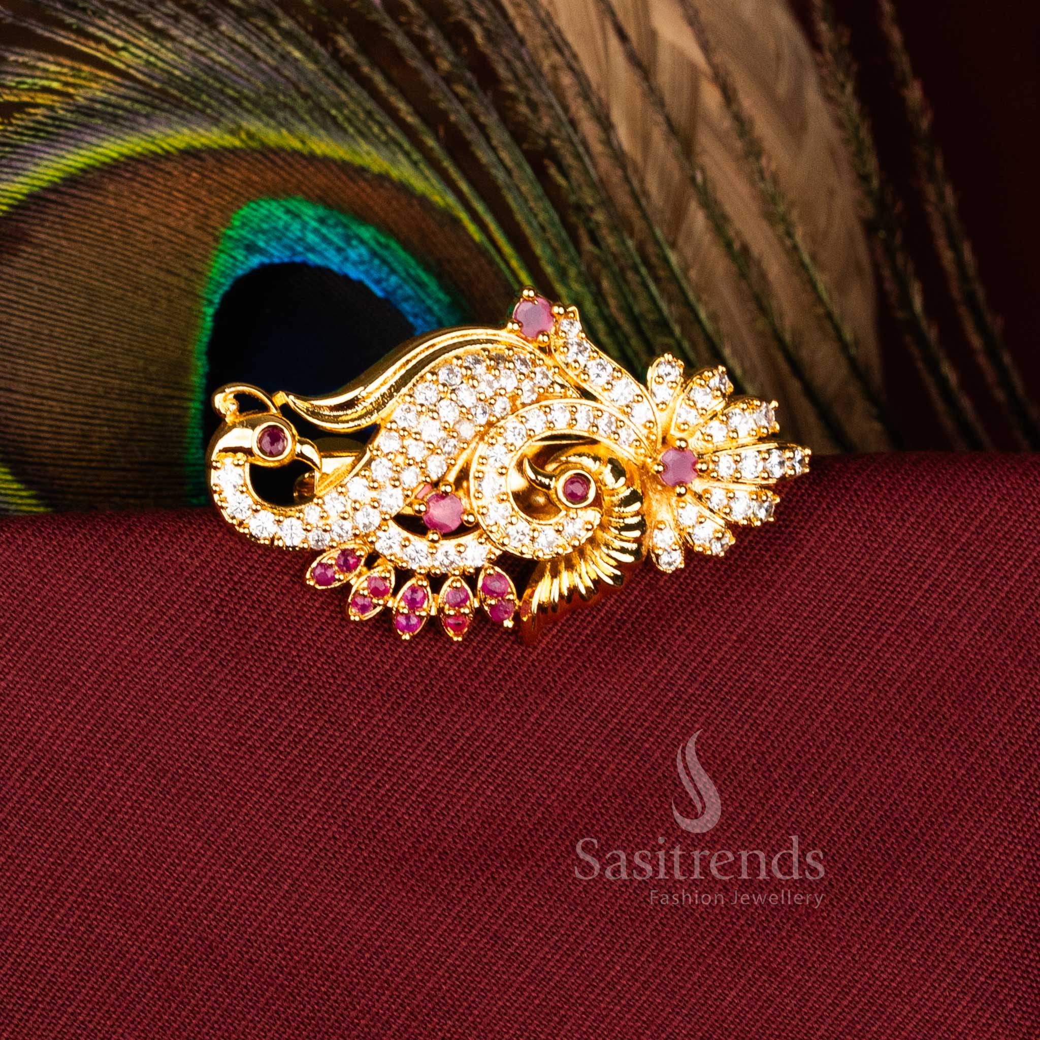 Elegant Micro Gold Plated Accent Floral Peacock Saree Pin Perfect for Weddings, Festivals, and Temple Ceremonies – Sasitrends