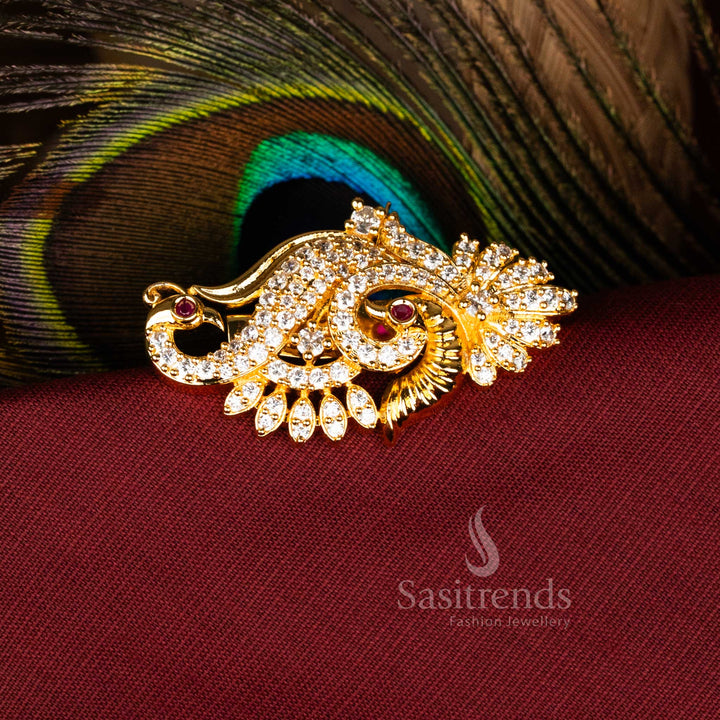 Elegant Micro Gold Plated Accent Floral Peacock Saree Pin Perfect for Weddings, Festivals, and Temple Ceremonies – Sasitrends