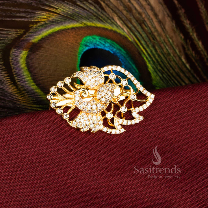 Luxurious Peacock Saree Pin with American Diamond Stones and Micro Gold Accents for Bridal, Festive, Temple Ceremonies – Sasitrends