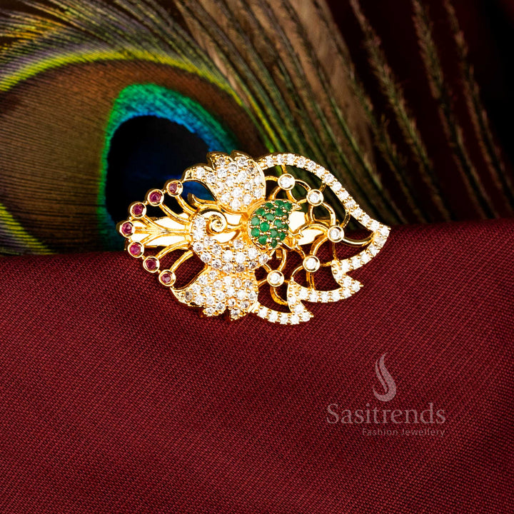 Luxurious Peacock Saree Pin with American Diamond Stones and Micro Gold Accents for Bridal, Festive, Temple Ceremonies – Sasitrends