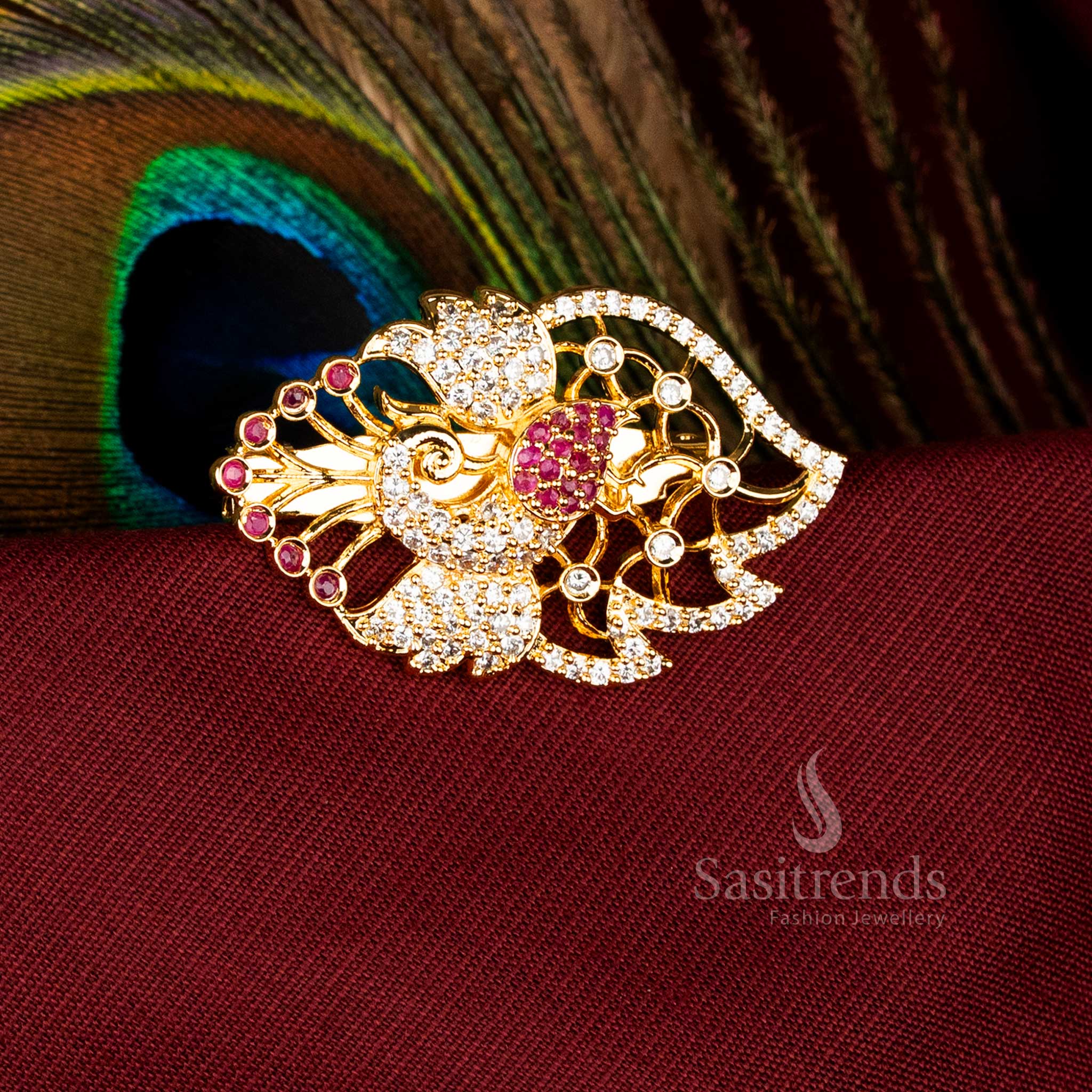 Luxurious Peacock Saree Pin with American Diamond Stones and Micro Gold Accents for Bridal, Festive, Temple Ceremonies – Sasitrends
