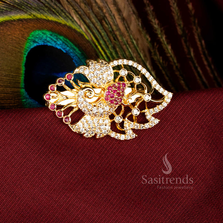 Luxurious Peacock Saree Pin with American Diamond Stones and Micro Gold Accents for Bridal, Festive, Temple Ceremonies – Sasitrends