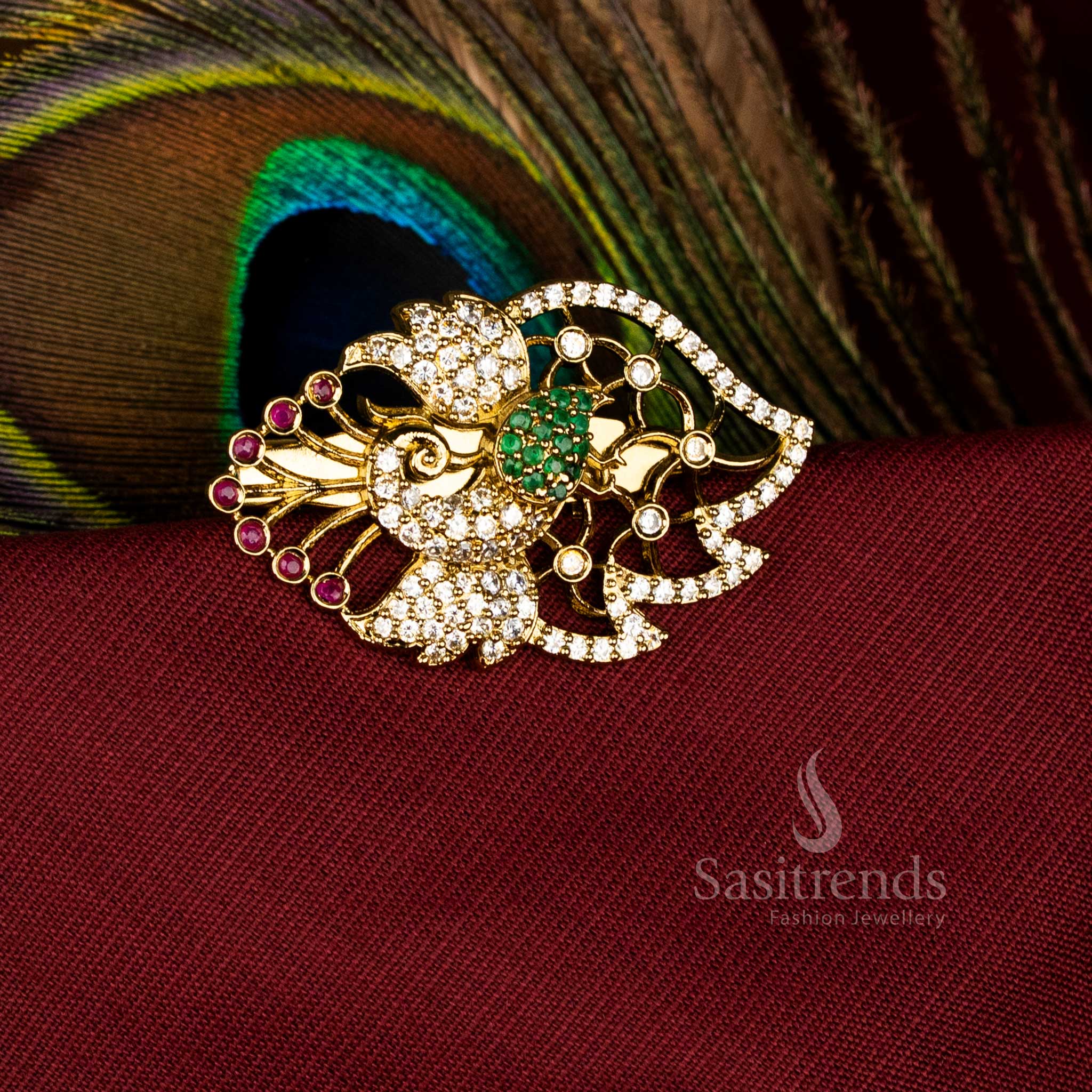 Traditional American Diamond Peacock Saree Pin with Mahendi Finish Accent – Sasitrends