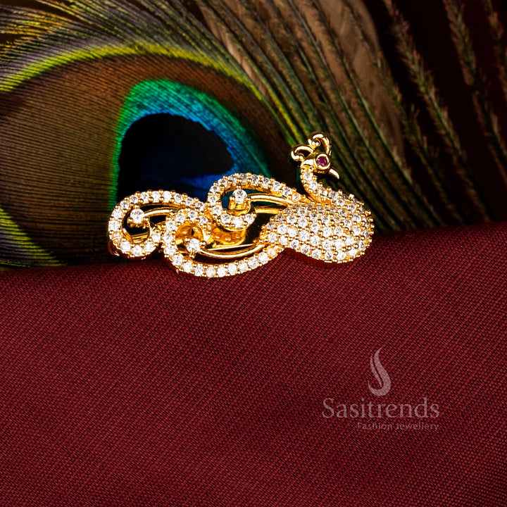 Traditional American Diamond Peacock Cluster Saree Pin Micro Gold Accents – Sasitrends