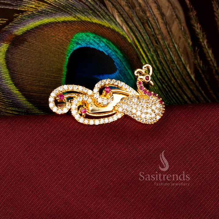 Luxurious American Diamond Peacock Cluster Saree Pin with Micro Gold and Mahendi Finish for Bridal, Festive Wear