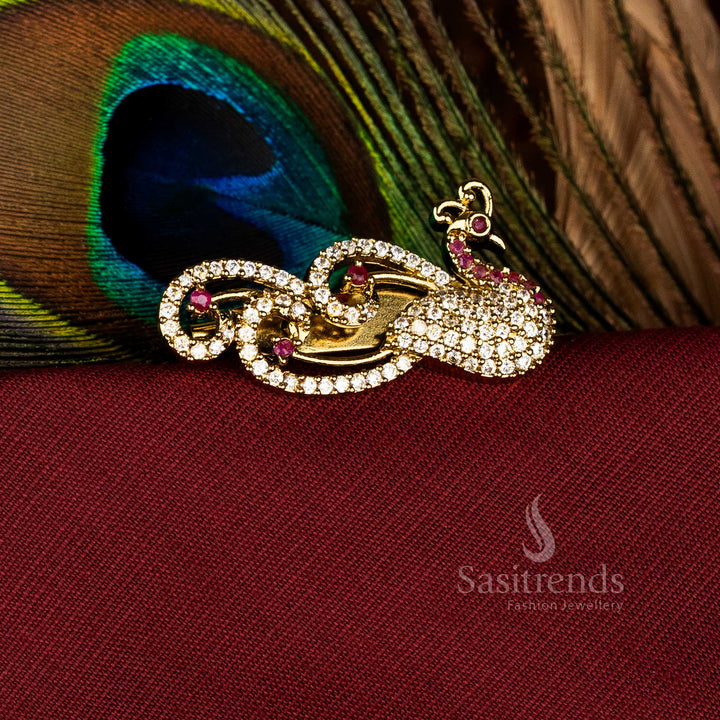 Regal Mahendi Finish Peacock Cluster Saree Pin with American Diamond Stones Bridal, Festive, Temple Ceremonies – Sasitrends