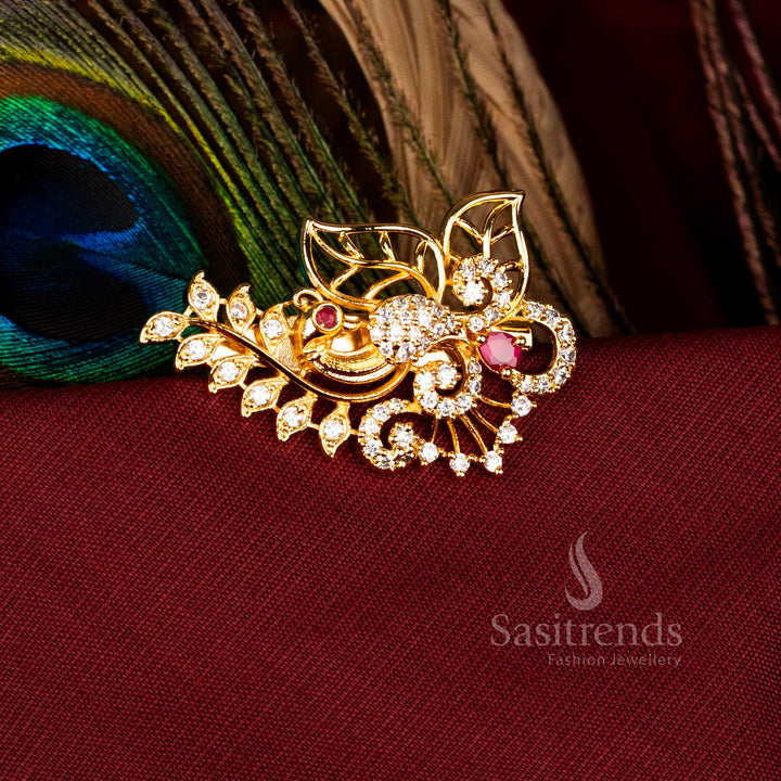Opulent White-Ruby Peacock Leaf Floral Saree Pin adorned with American Diamonds and Micro Gold Finish, Perfect for Traditional Celebration and Bridal Jewellery – Sasitrends