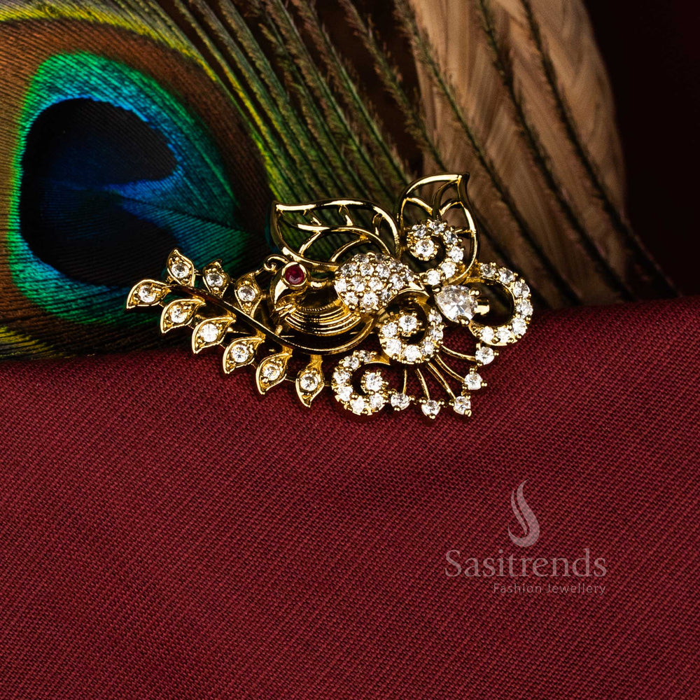 Exquisite White Peacock Leaf Floral Saree Pin with American Diamond and Mahendi Finish, Ideal for Traditional Festive and Bridal Jewellery – Sasitrends