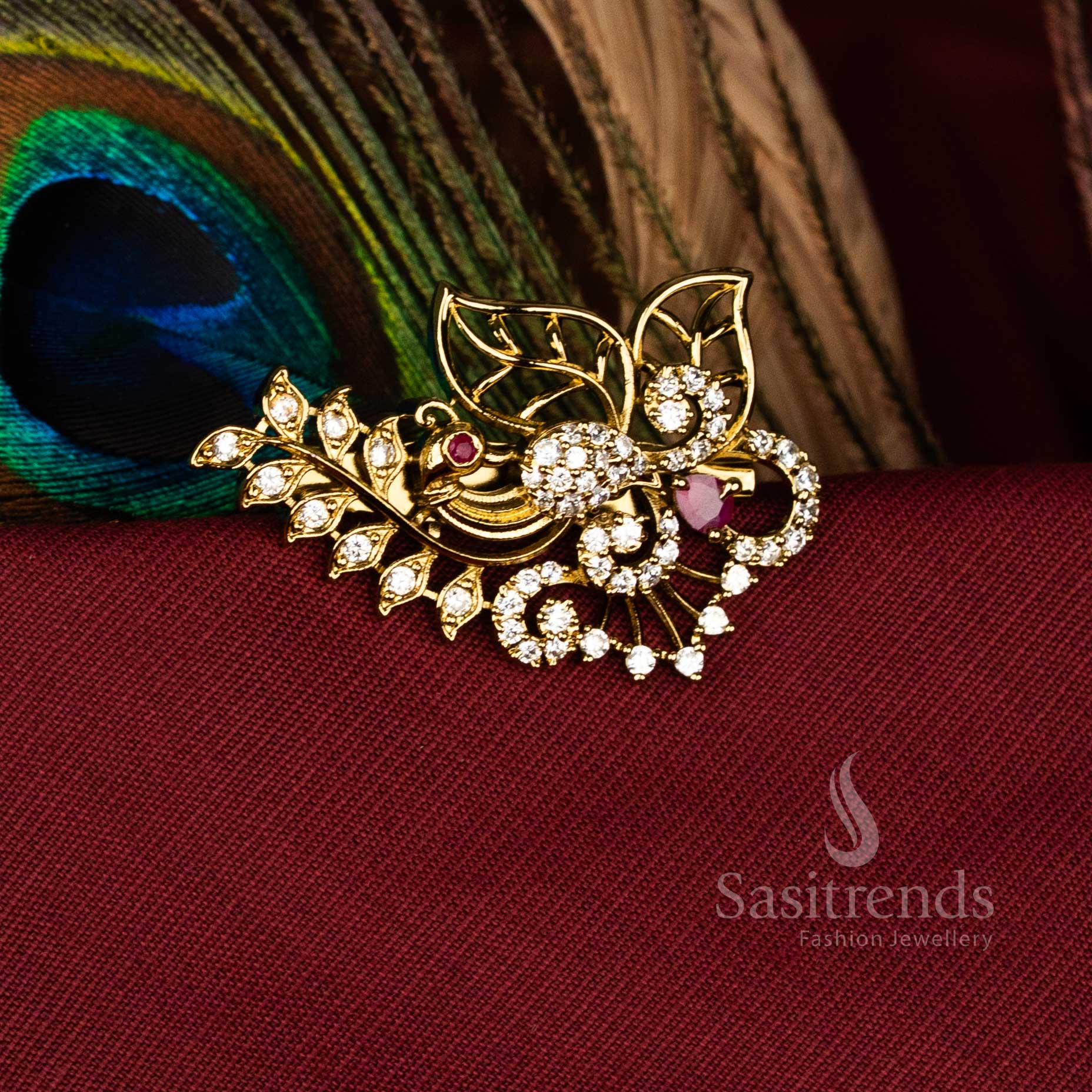 Luminous White-Ruby American Diamond Peacock Saree Pin with Leaf Floral Design and Mahendi Finish, Stunning for Festival and Bridal Jewellery – Sasitrends