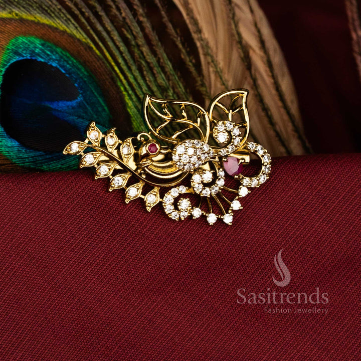 Luminous White-Ruby American Diamond Peacock Saree Pin with Leaf Floral Design and Mahendi Finish, Stunning for Festival and Bridal Jewellery – Sasitrends