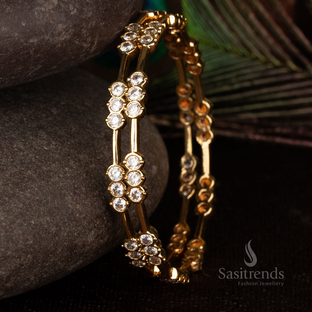 Traditional Guaranteed Triple Round Motif Impon Micro Gold Plated White AD Stone Gap Bangles , Look like real gold - Sasitrends