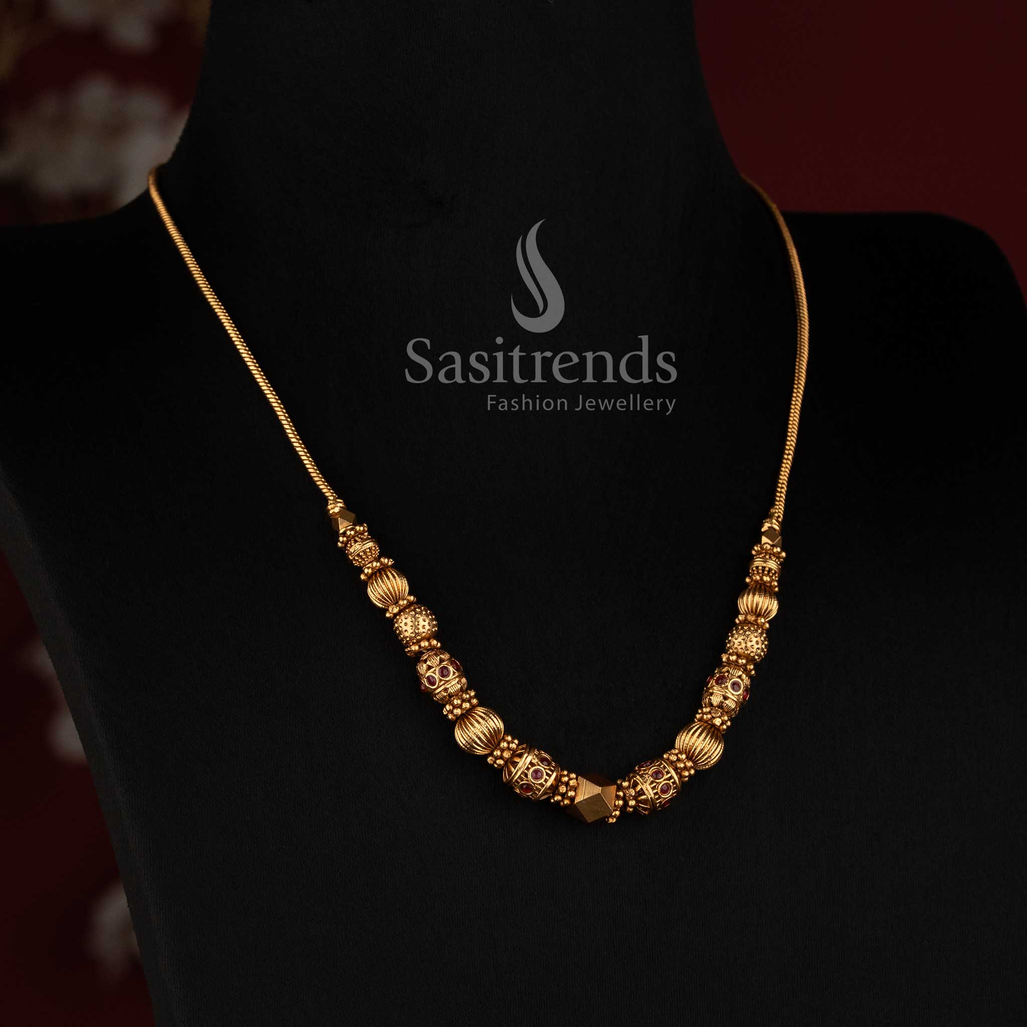 2760 classic temple matte gold plated ball chain necklace with textured ornamental beads and faceted accents Sasitrends