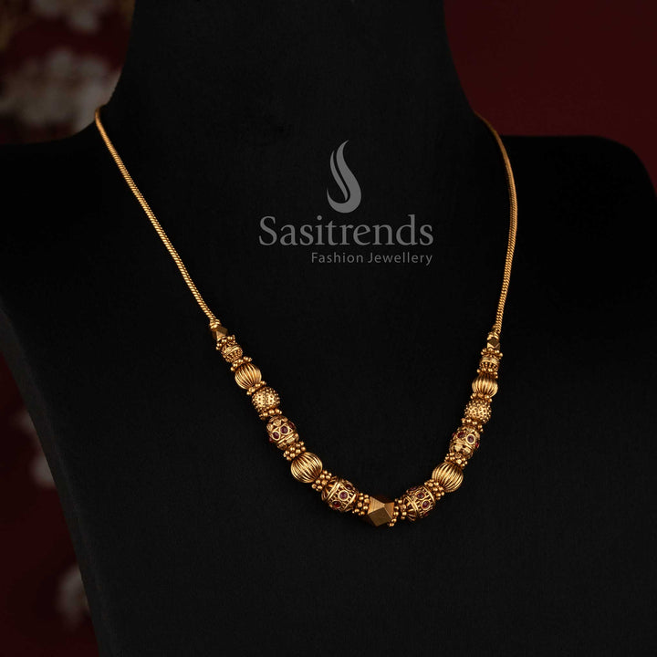 2760 classic temple matte gold plated ball chain necklace with textured ornamental beads and faceted accents Sasitrends