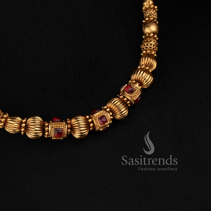 2760 Sasitrends classic temple matte gold plated ball chain necklace with ornamental textured beads and centre ball design