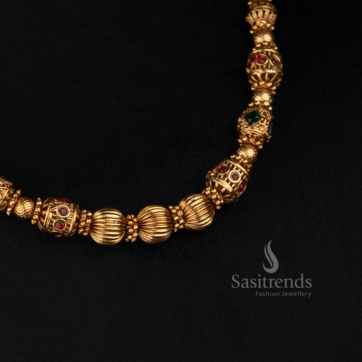 Matte Gold Plated Temple Ball Chain with Detailed Ornamental Bead Spacers - Sasitrends