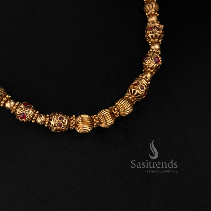 Matte Gold Plated Temple Ball Chain with Detailed Ornamental Bead Spacers - Sasitrends