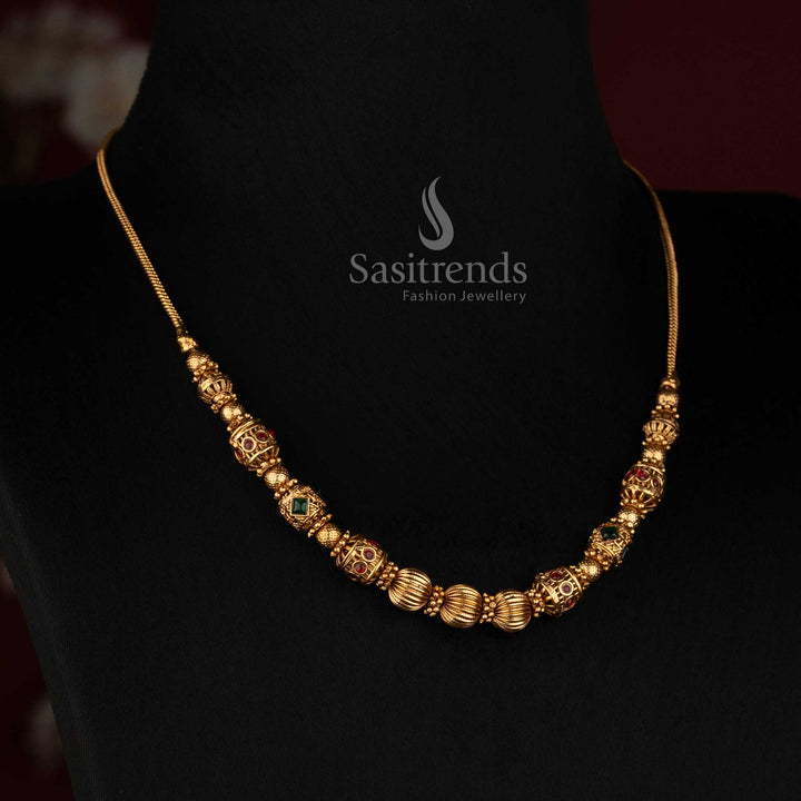 Matte Gold Plated Temple Ball Chain with Detailed Ornamental Bead Spacers - Sasitrends