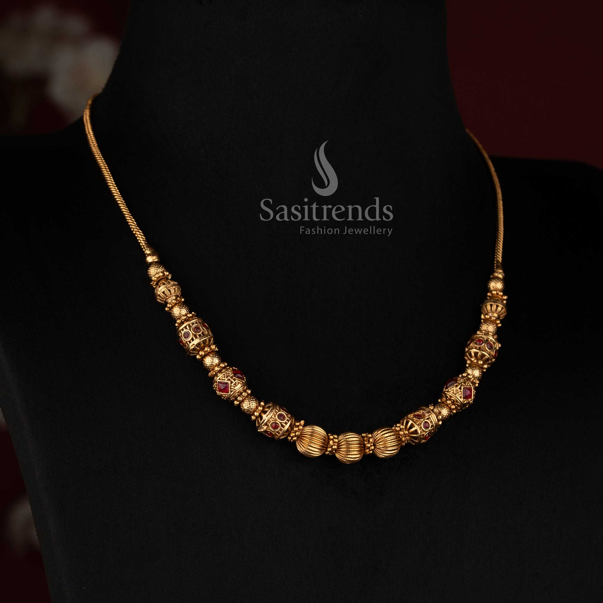 Matte Gold Plated Temple Ball Chain with Detailed Ornamental Bead Spacers - Sasitrends