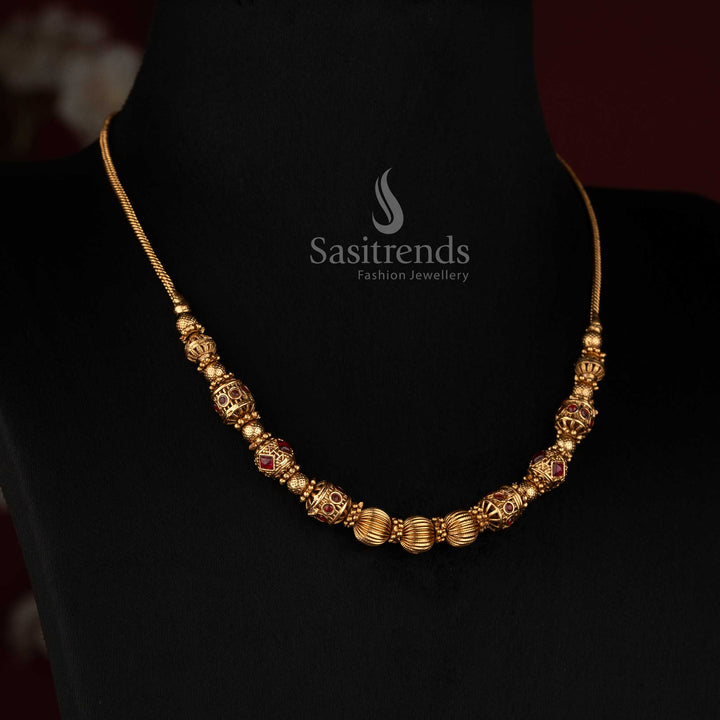 Matte Gold Plated Temple Ball Chain with Detailed Ornamental Bead Spacers - Sasitrends