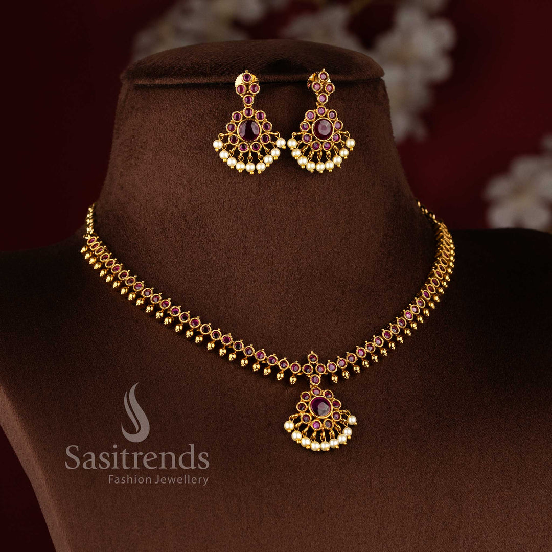 Premium temple matte gold plated floral Chandbali pendant necklace set with pearl droplets 2761I - Sasitrends