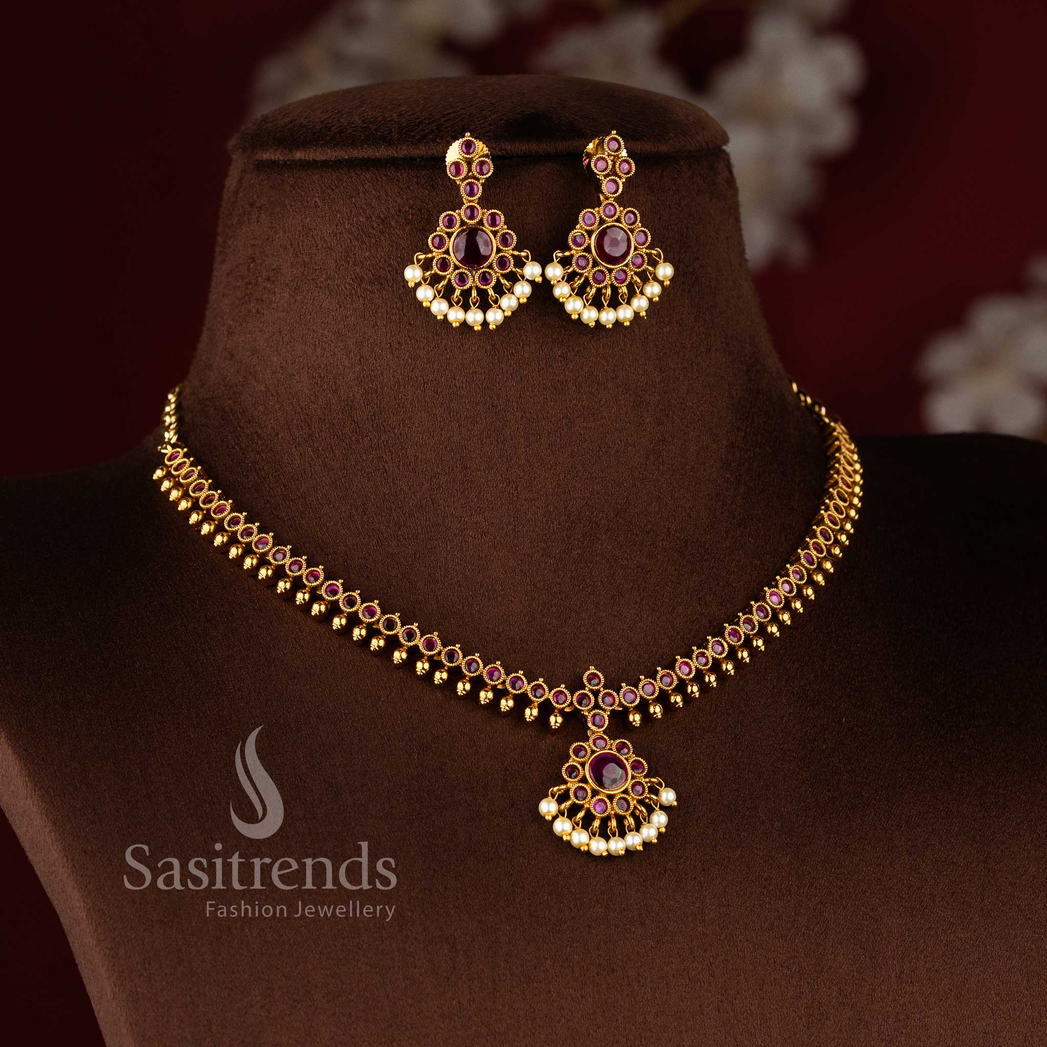 Premium temple matte gold plated floral Chandbali pendant necklace set with pearl droplets 2761I - Sasitrends