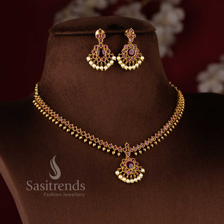Premium temple matte gold plated floral Chandbali pendant necklace set with pearl droplets 2761I - Sasitrends