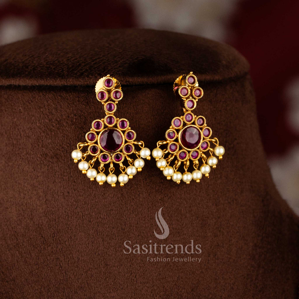 Premium temple matte gold plated floral Chandbali pendant necklace set with pearl droplets 2761I - Sasitrends