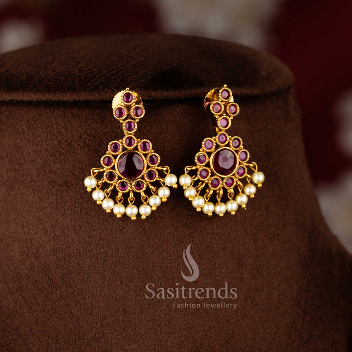 Premium temple matte gold plated floral Chandbali pendant necklace set with pearl droplets 2761I - Sasitrends