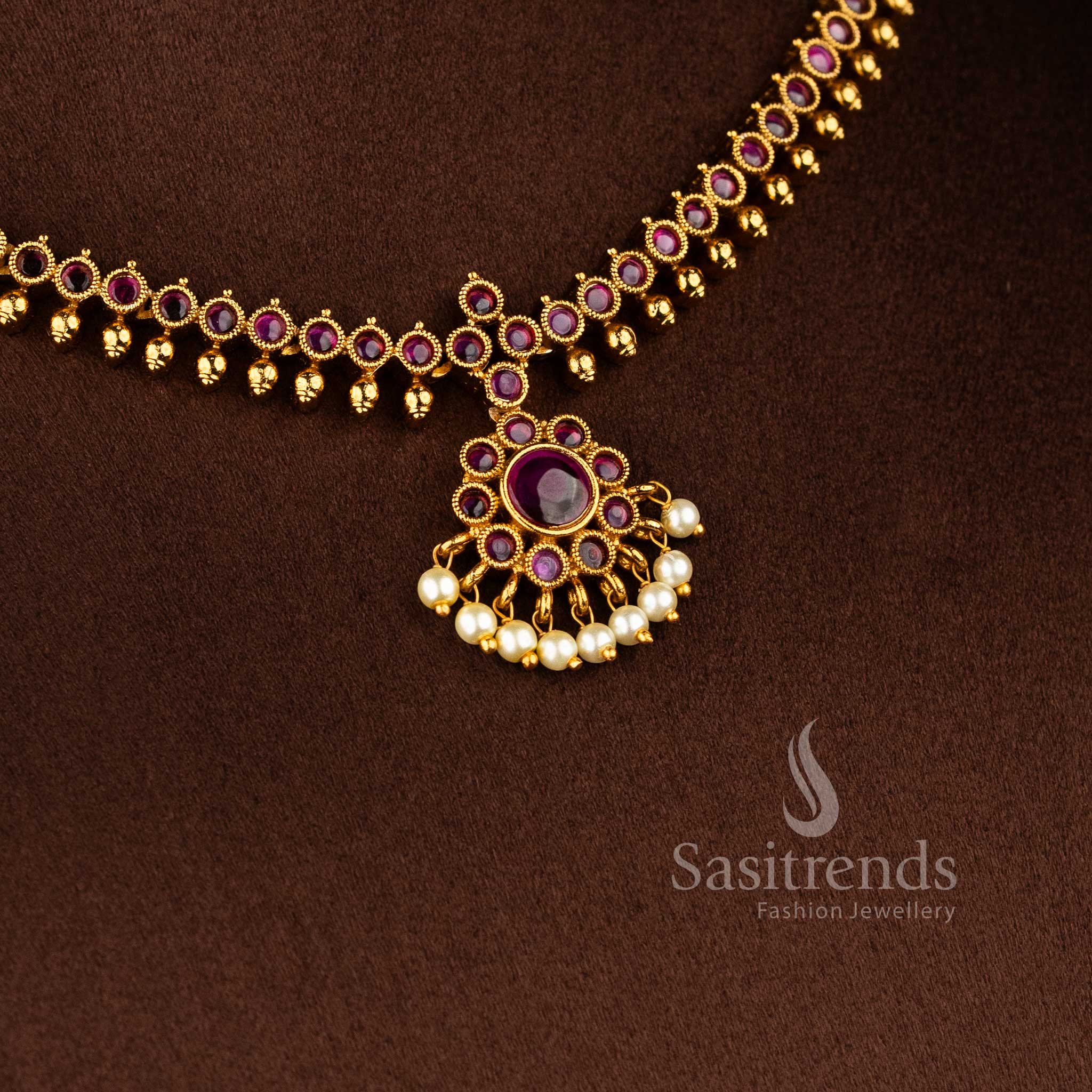 Premium temple matte gold plated floral Chandbali pendant necklace set with pearl droplets 2761I - Sasitrends