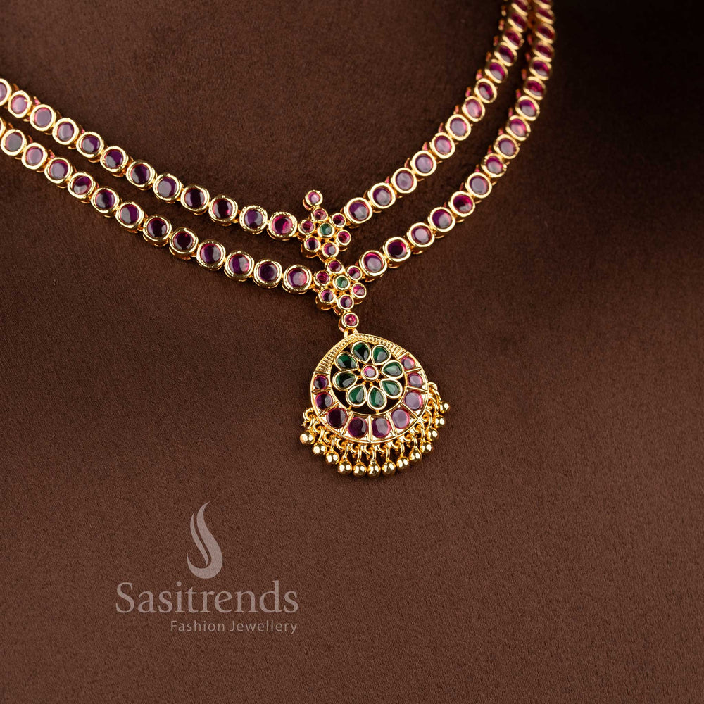 Stylish Sasitrends wedding jewellery set featuring dual strand stones and gold cluster bead drops.