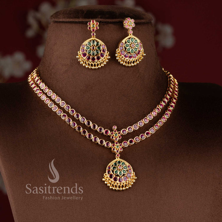Traditional temple matte gold plated double layer stone necklace set by Sasitrends.