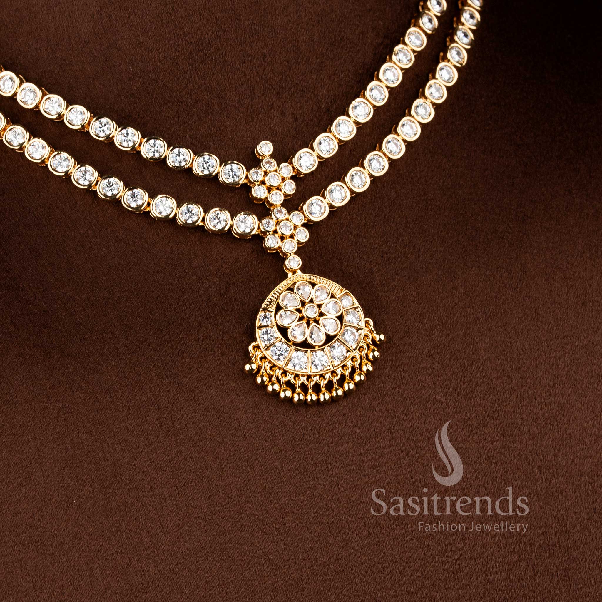 Bridal wear matte gold plated necklace set with layered chain pattern and premium white stone embellishments - Sasitrends
