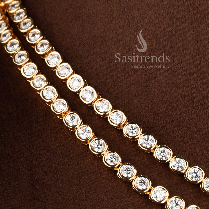 Bridal wear matte gold plated necklace set with layered chain pattern and premium white stone embellishments - Sasitrends