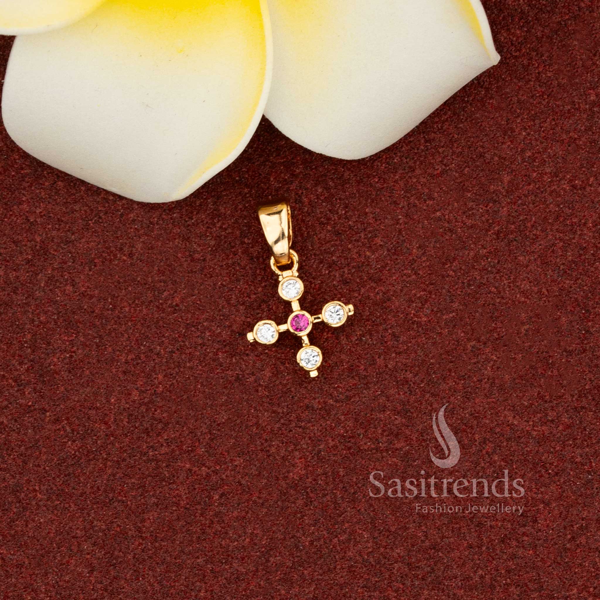 Sasitrends 24K White Ruby Micro Gold Plated AD Stone Cross Pendant